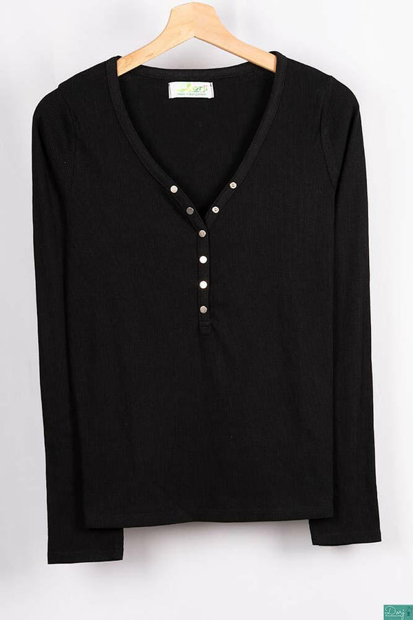 Ladies full sleeve casual fit V neck with small buttons tops in Various colours.