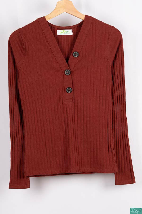 Ladies full sleeve casual fit V neck with big buttons tops