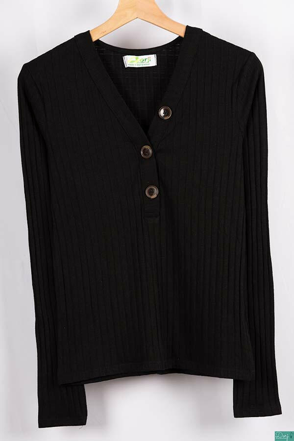 Ladies full sleeve casual fit V neck with big buttons tops