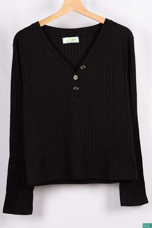 Ladies full sleeve casual fit V neck with buttons tops in Black.