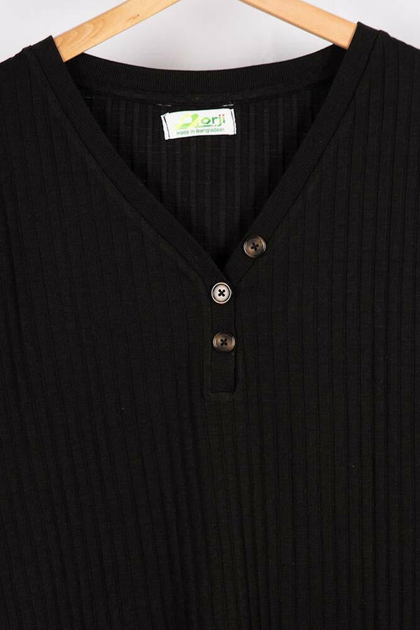 Ladies full sleeve casual fit V neck with buttons tops in Black.