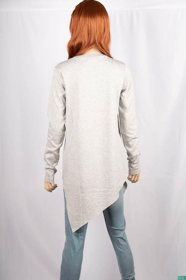 Ladies full sleeve casual fit Owl long top in Ash with an asymmetric hem on opposite direction.