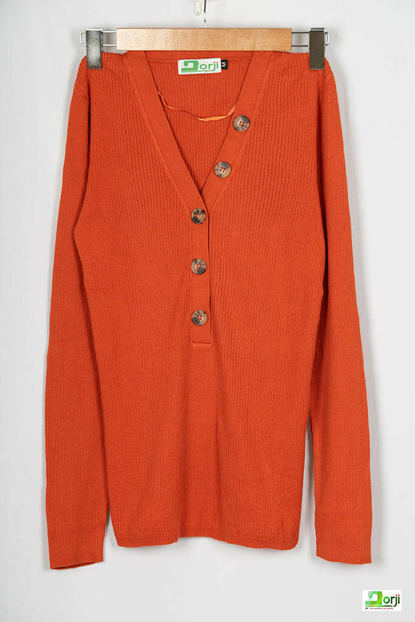 V neck full sleeve ladies’ light soft sweater with button