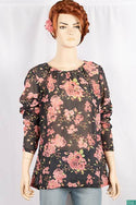 Ladies round neck with full sleeve casual fit Pink floral tops in Black