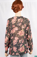Ladies round neck with full sleeve casual fit Pink floral tops in Black