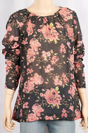 Ladies round neck with full sleeve casual fit Pink floral tops in Black