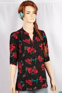 Ladies 3/4 slight smock sleeve casual fit round collar with v placket neck floral tops