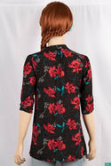 Ladies 3/4 slight smock sleeve casual fit round collar with v placket neck floral tops