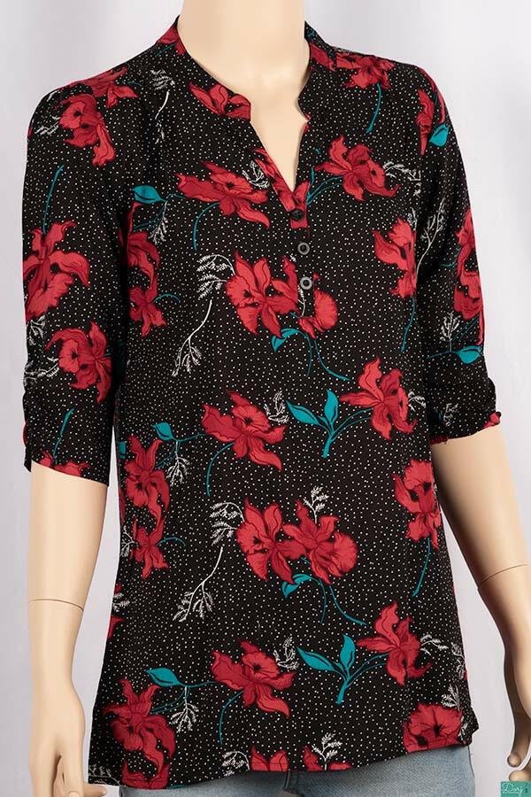 Ladies 3/4 slight smock sleeve casual fit round collar with v placket neck floral tops