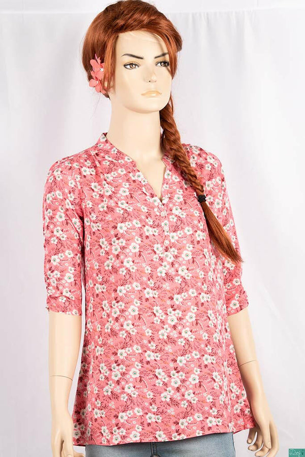 Ladies 3/4 slight smock sleeve casual fit round collar with v placket neck floral tops
