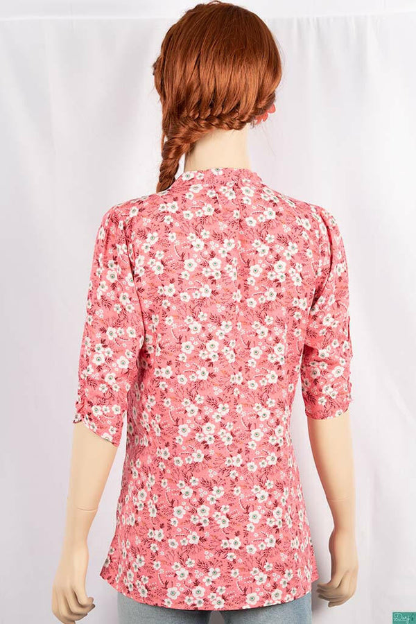 Ladies 3/4 slight smock sleeve casual fit round collar with v placket neck floral tops