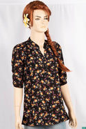 Ladies 3/4 slight smock sleeve casual fit round collar with v placket neck floral tops