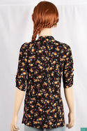 Ladies 3/4 slight smock sleeve casual fit round collar with v placket neck floral tops