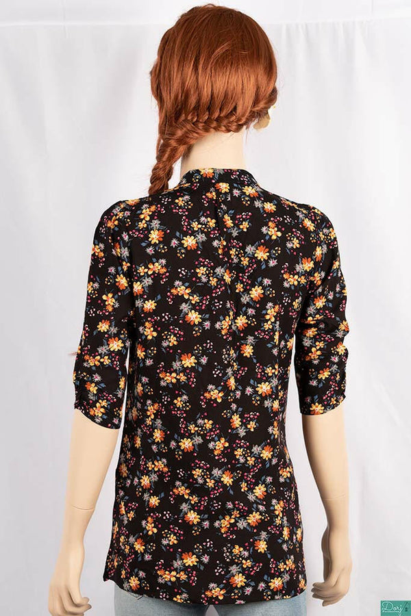 Ladies 3/4 slight smock sleeve casual fit round collar with v placket neck floral tops