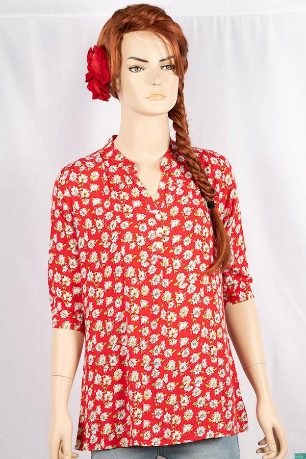 Ladies 3/4 slight smock sleeve casual fit round collar with v placket neck floral tops