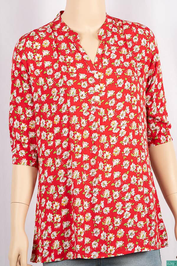 Ladies 3/4 slight smock sleeve casual fit round collar with v placket neck floral tops