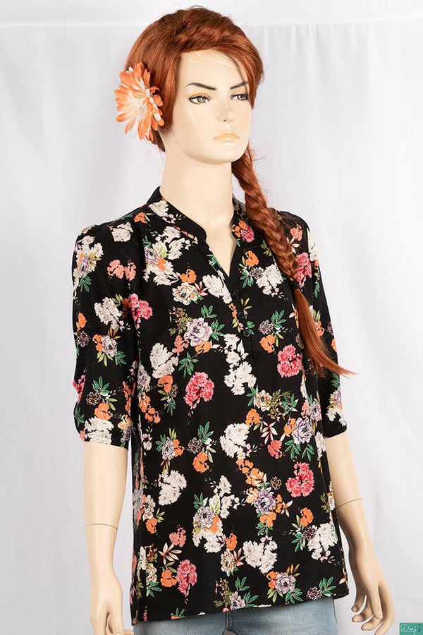 Ladies 3/4 slight smock sleeve casual fit round collar with v placket neck floral tops