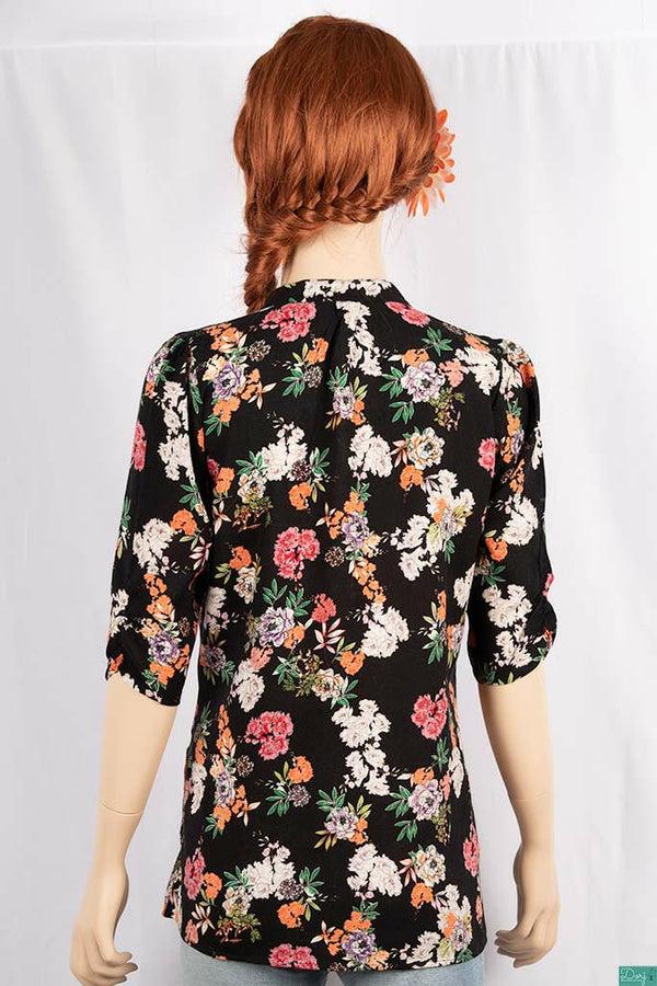 Ladies 3/4 slight smock sleeve casual fit round collar with v placket neck floral tops