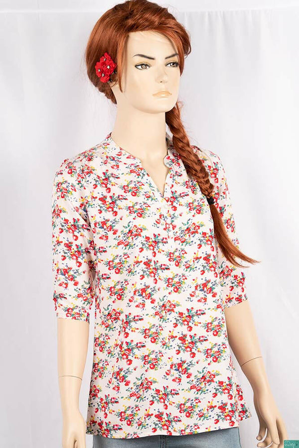 Ladies 3/4 slight smock sleeve casual fit round collar with v placket neck floral tops