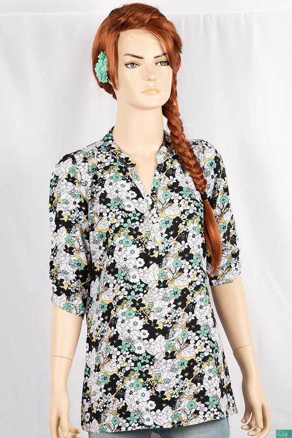 Ladies 3/4 slight smock sleeve casual fit round collar with v placket neck floral tops