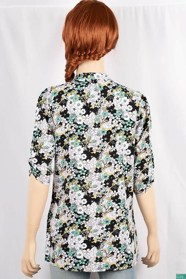Ladies 3/4 slight smock sleeve casual fit round collar with v placket neck floral tops