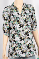 Ladies 3/4 slight smock sleeve casual fit round collar with v placket neck floral tops