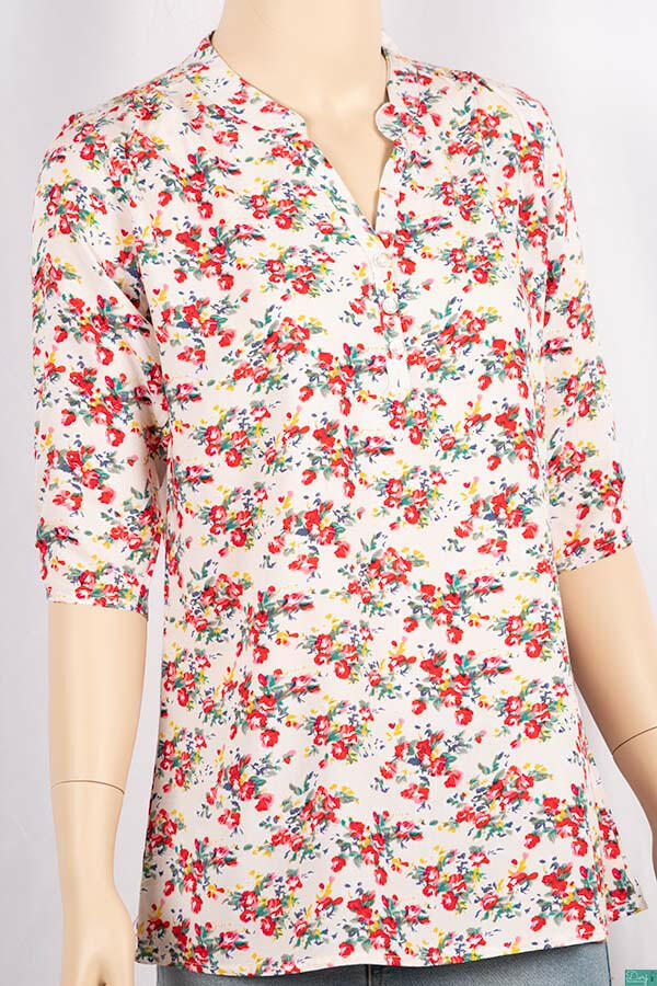 Ladies 3/4 slight smock sleeve casual fit round collar with v placket neck floral tops