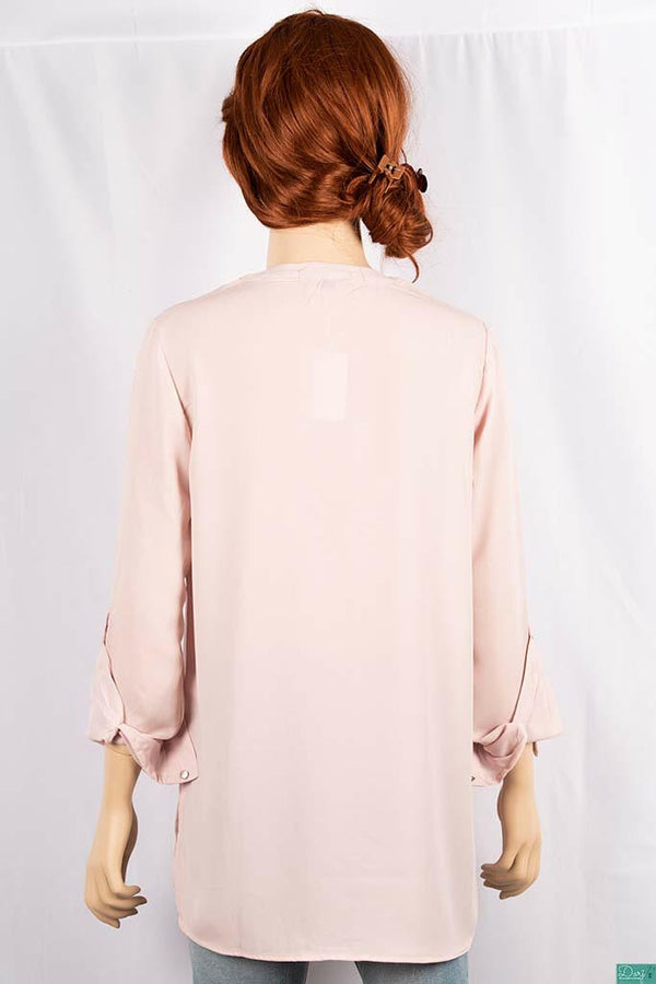 Ladies full sleeve loose fit round collar with v placket neck tops