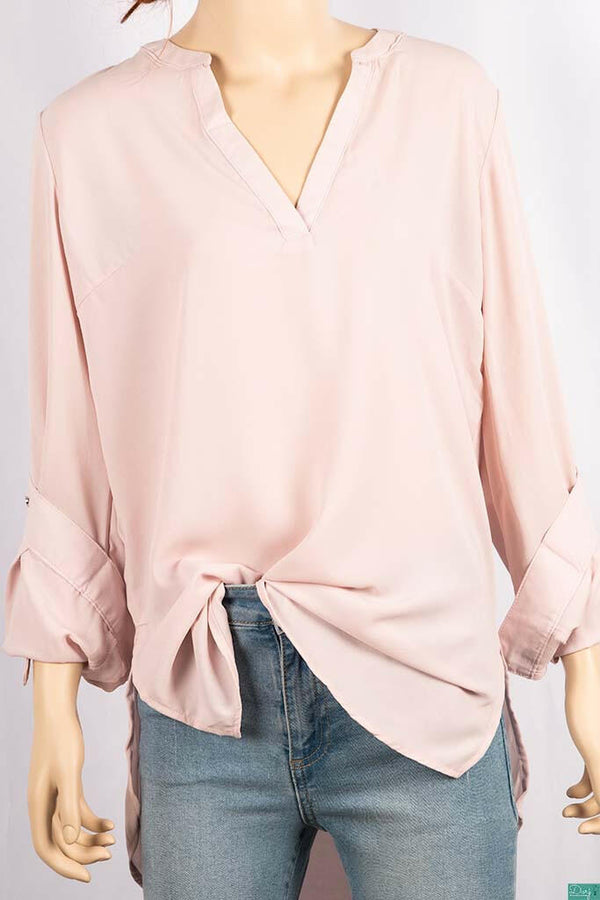 Ladies full sleeve loose fit round collar with v placket neck tops