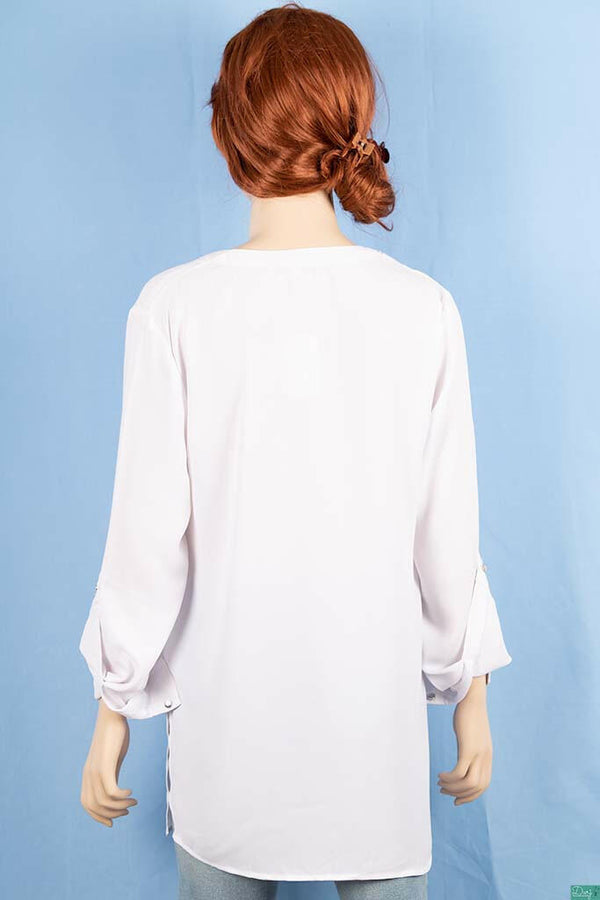 Ladies full sleeve loose fit round collar with v placket neck tops