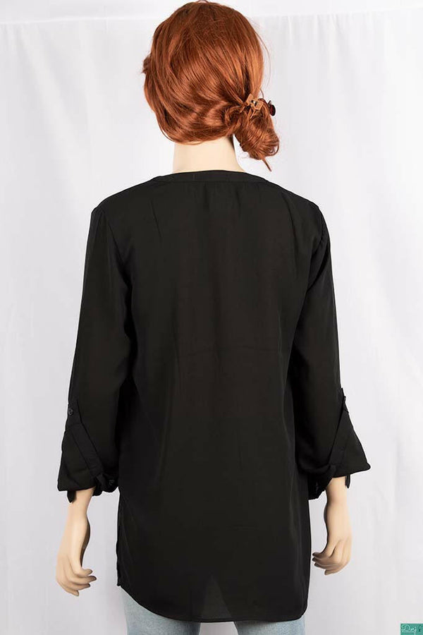 Ladies full sleeve loose fit round collar with v placket neck tops