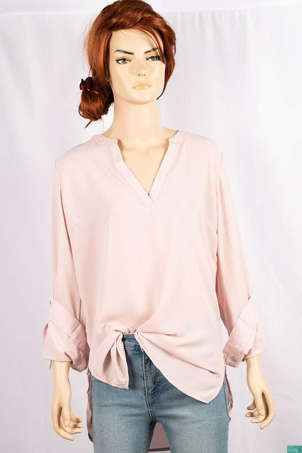 Ladies full sleeve loose fit round collar with v placket neck tops