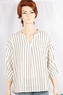 Ladies pleated design 3/4 sleeve loose fit tops with round collar and V placket neck