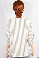 Ladies pleated design 3/4 sleeve loose fit tops with round collar and V placket neck