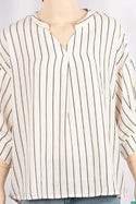 Ladies pleated design 3/4 sleeve loose fit tops with round collar and V placket neck