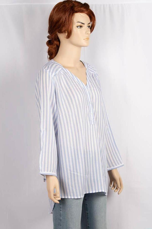 Ladies V - neck design stylish 3/4 sleeve loose fit Stripes Shirts