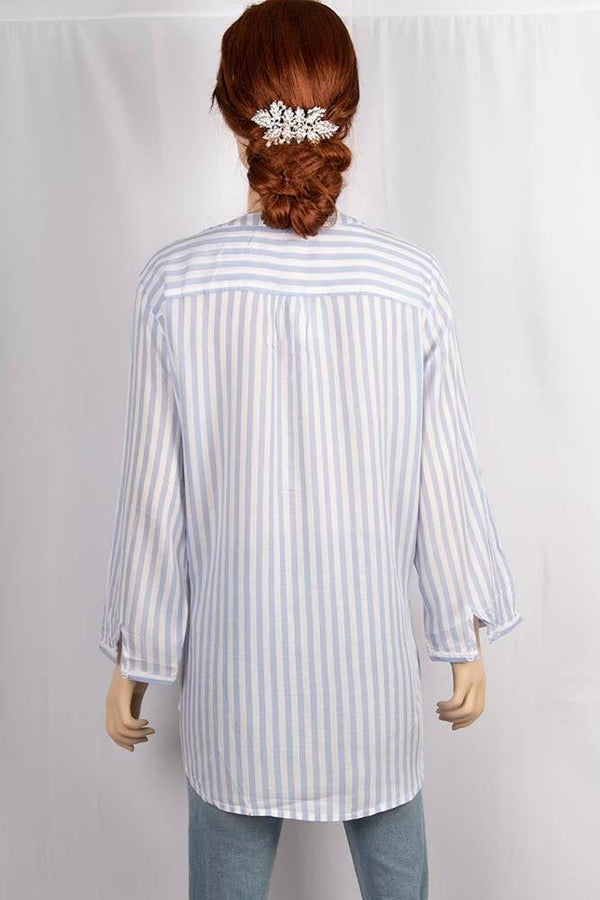 Ladies V - neck design stylish 3/4 sleeve loose fit Stripes Shirts