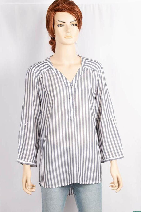 Ladies V - neck design stylish 3/4 sleeve loose fit Stripes Shirts