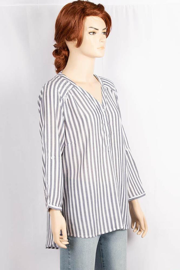 Ladies V - neck design stylish 3/4 sleeve loose fit Stripes Shirts