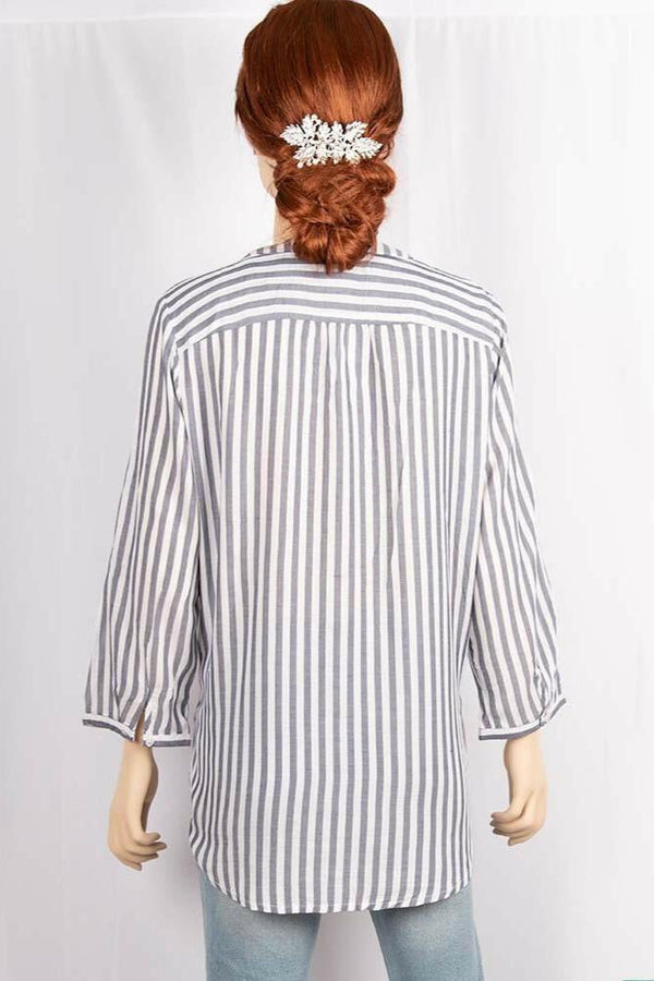 Ladies V - neck design stylish 3/4 sleeve loose fit Stripes Shirts