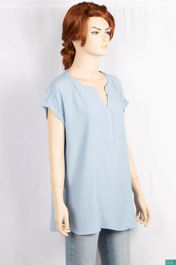 Ladies short sleeve casual fit round collar with v placket neck tops.