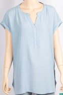 Ladies short sleeve casual fit round collar with v placket neck tops.