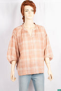 Ladies 3/4 baggy sleeve loose fit round collar with v placket neck tops in Dusty Pink with white plaids.