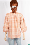 Ladies 3/4 baggy sleeve loose fit round collar with v placket neck tops in Dusty Pink with white plaids.