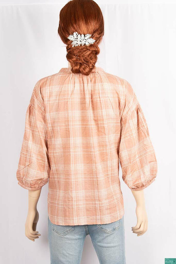 Ladies 3/4 baggy sleeve loose fit round collar with v placket neck tops in Dusty Pink with white plaids.