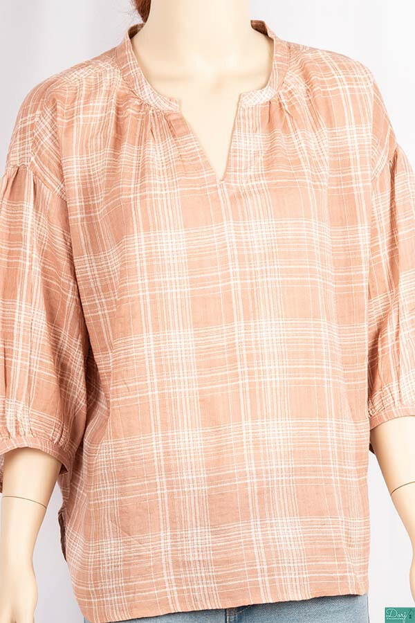 Ladies 3/4 baggy sleeve loose fit round collar with v placket neck tops in Dusty Pink with white plaids.