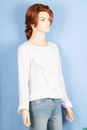 Ladies fancy full sleeve casual fit round neck asymmetric side ruffle tops.