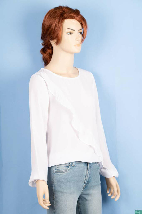 Ladies fancy full sleeve casual fit round neck asymmetric side ruffle tops.