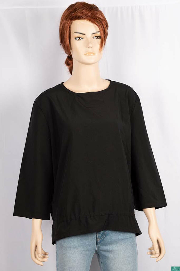 Ladies 3/4 sleeve casual fit Round neck tops with smoky leis tighten waist