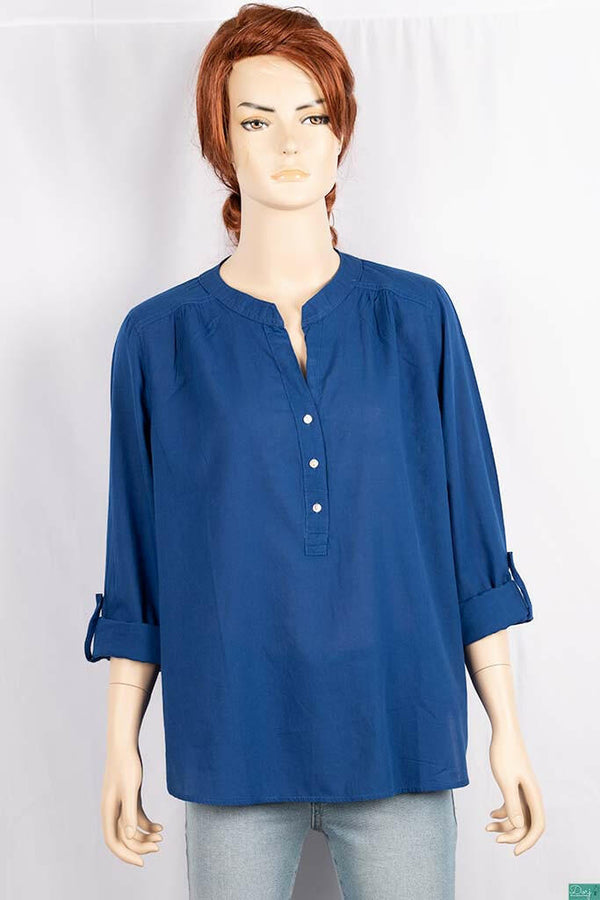Ladies cuffed V neck buttoned loose fit regular use tops.